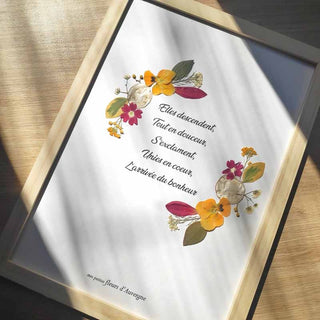 Tableau Herbier personnalisé avec une poésie ou un message fleurs d'Auvergne - cadre fleurs