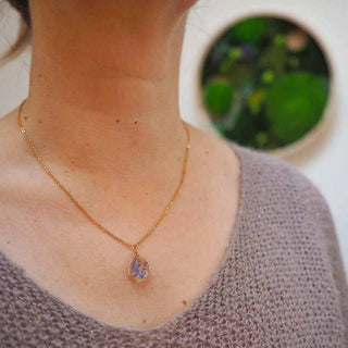 Collier en laiton doré à l'or fin avec fleurs de bleuet posé sur une main - collier fleur - Bijoux vraies fleurs Clermont