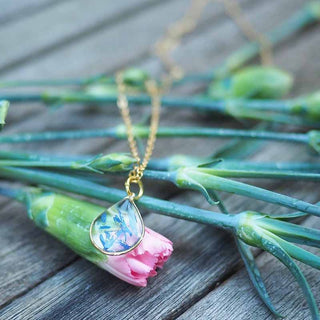 Collier en laiton doré à l'or fin avec fleurs de bleuet posé sur une main - collier fleur - Bijou vraie fleur Clermont