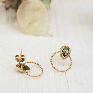 Boucles d'oreille en acier inoxydable doré avec inclusion de fleur de carotte sauvage dans de la résine noire - bijou fleur