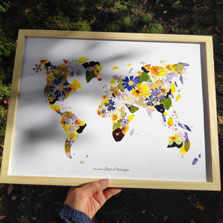 Tirage d'art / affiche / poster de l'herbier map monde / carte du monde A3 en fleurs séchées d'Auvergne  - 1