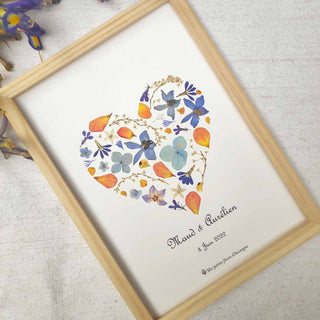 Tableau et herbier en forme de coeur en fleurs d'Auvergne - bleu et orange - couleur et message personnalisables
