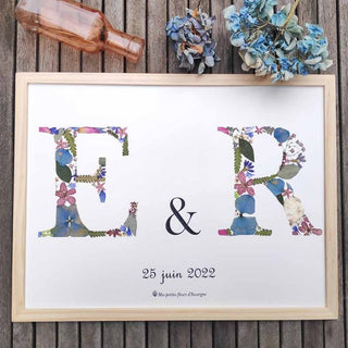 Tableau herbier 2 initiales personnalisables - Grand format  E et R - cadre fleurs