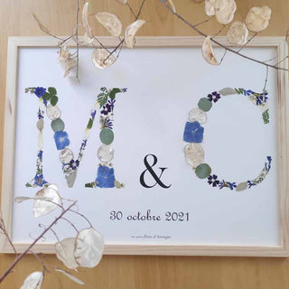 Tableau herbier 2 initiales personnalisables - Grand format écriture vintage  M et C - cadre fleurs