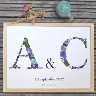 Tableau herbier 2 initiales personnalisables - Grand format écriture vintage  A et C - cadre fleurs