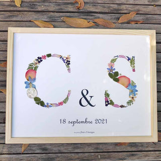 Tableau herbier 2 initiales personnalisables - Grand format écriture vintage  C et S - cadre fleurs