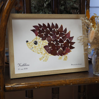 Tableau herbier hérisson en vraies fleurs - cadeau de naissance