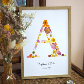 Tableau herbier vraies fleurs initiale A prénom naissance baptême