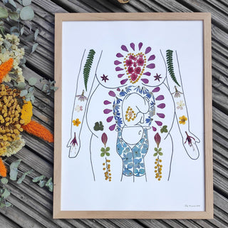 Tableau herbier césarienne avec de vraies fleurs d'Auvergne - Commande tableau sur mesure et personnalisé