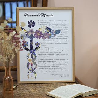Tableau herbier avec de vraies fleurs - Caducée thèse médecine, pharmacie... Création sur commande et sur-mesure
